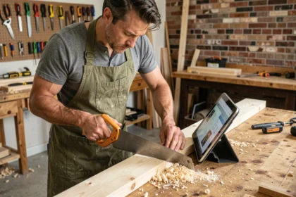 Homme bricoleur suivant un tutoriel DIY sur tablette dans un atelier maison organisé, en train de scier une planche en bois