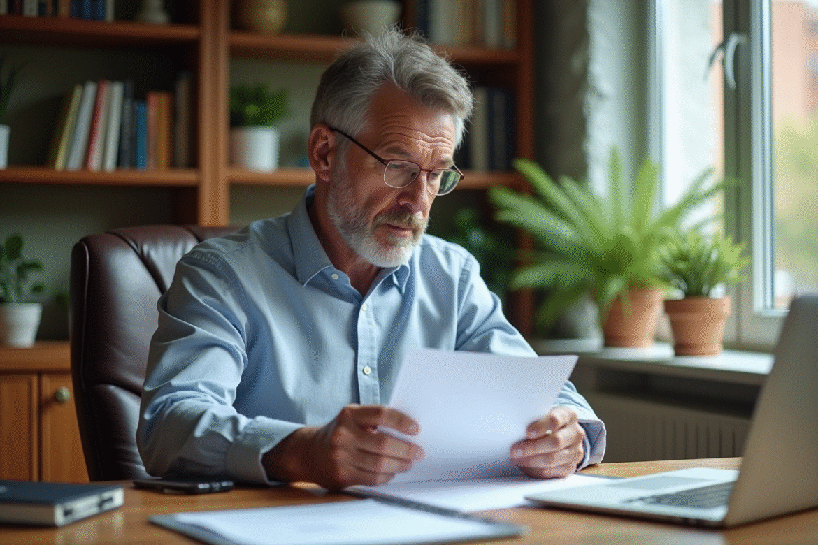 Homme d'âge moyen concentré dans son bureau lumineux