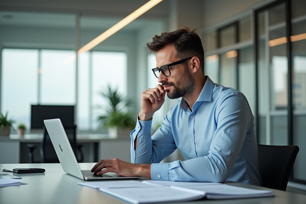 Homme d affaires analysant des documents dans un espace de coworking