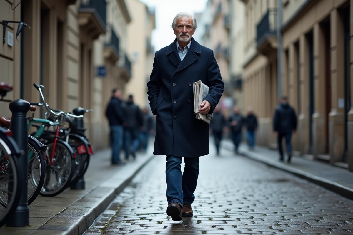 Homme en manteau marchant rapidement dans une rue pavée européenne sous ciel nuageux, évoquant le concept de partir
