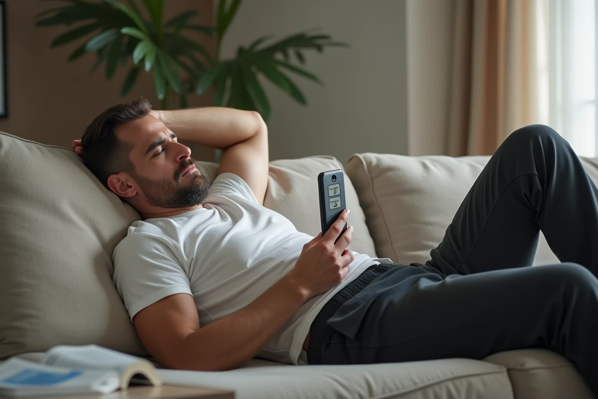 Homme allongé sur un canapé utilisant une application de simulateur de mémoire sur smartphone, l'air épuisé mentalement après une routine d'apprentissage intensive