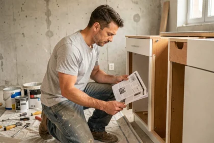 Homme en train de consulter un manuel de bricolage lors de la rénovation d'un appartement, illustrant une formation pratique en rénovation intérieure