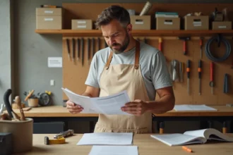 Homme consultant un livret de formation bricolage à son établi en bois dans un atelier domestique bien rangé