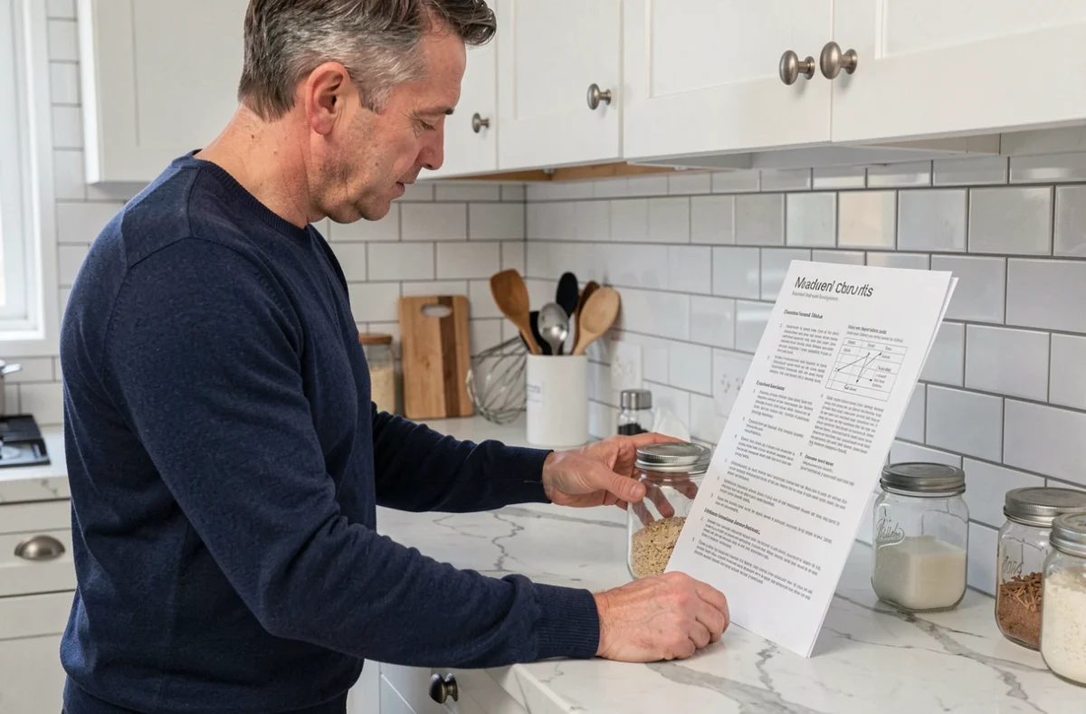 Homme lisant attentivement un guide de méthode imprimé dans une cuisine moderne