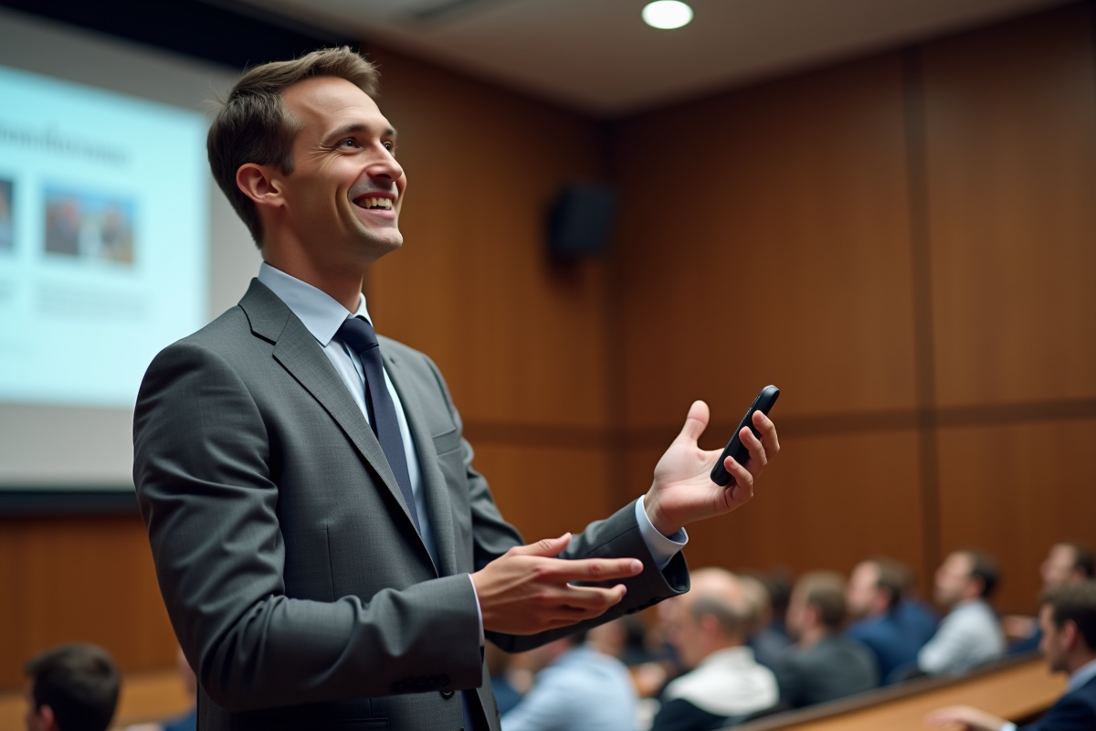 Jeune homme en présentation dans une salle de cours