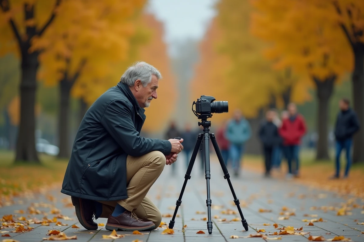 Homme avec appareil photo dans un parc en automne