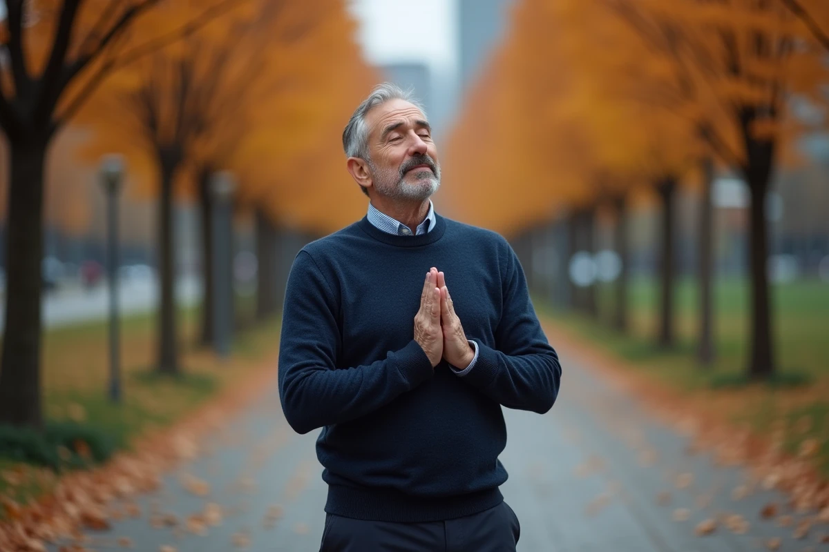 Homme en pleine conscience dans un parc urbain en automne, illustrant la perception sensorielle et les systèmes représentationnels en PNL