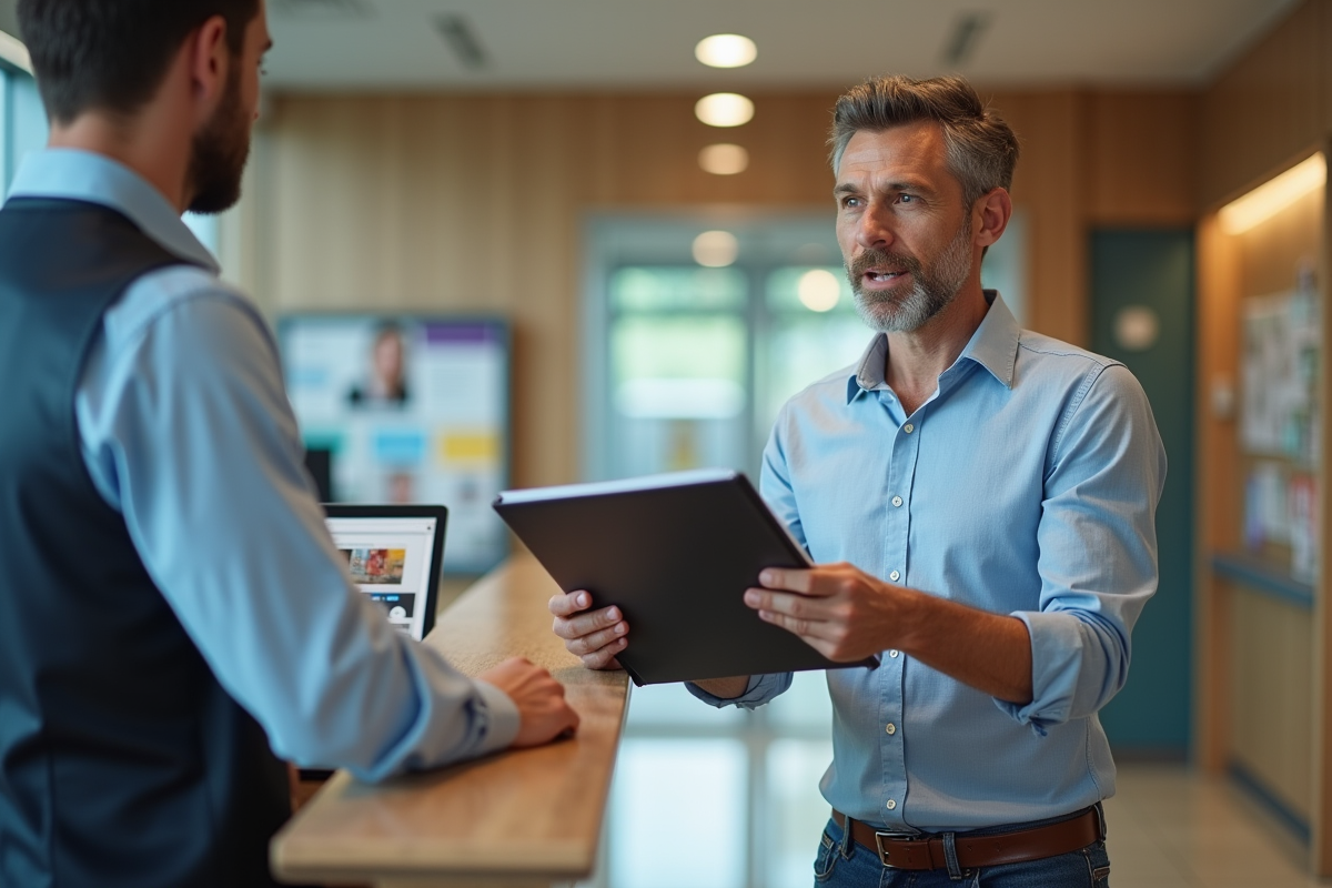 Homme d âge moyen remettant un dossier à une secrétaire