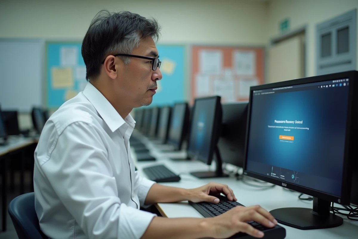 Homme au ordinateur dans un laboratoire scolaire en train de récupérer son mot de passe