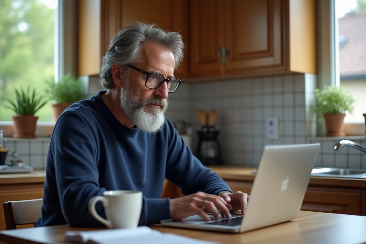 Homme adulte en reprise d'études suivant un cours de grammaire française en ligne depuis son domicile
