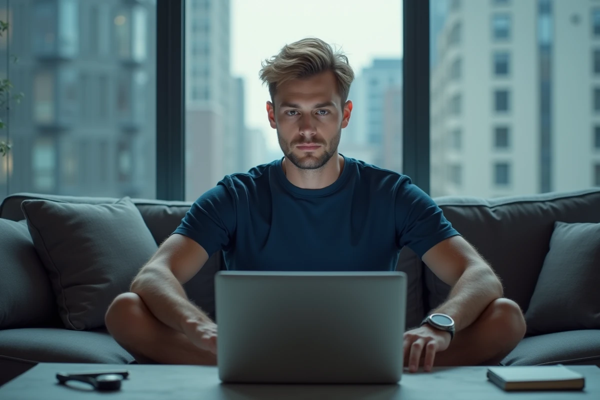 Jeune homme passant un test de QI en ligne sur son ordinateur portable dans un appartement moderne