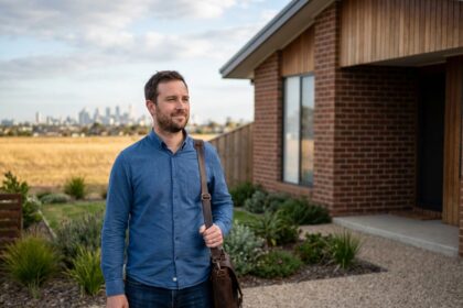 Homme en smartcasual devant une maison moderne avec skyline