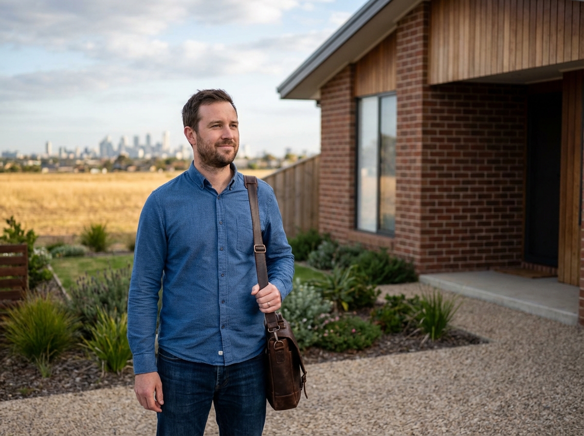 Homme en smartcasual devant une maison moderne avec skyline