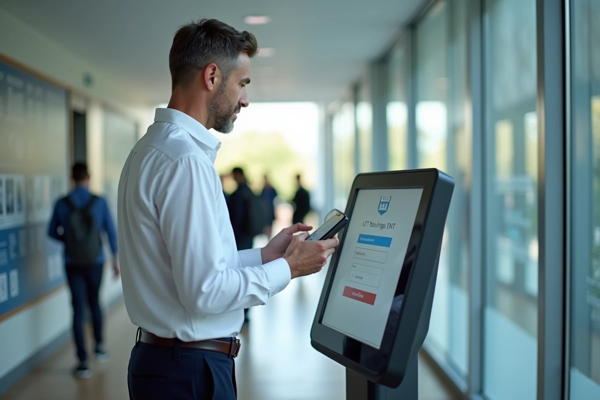 Homme vérifiant ses paramètres sur un terminal dans un couloir universitaire