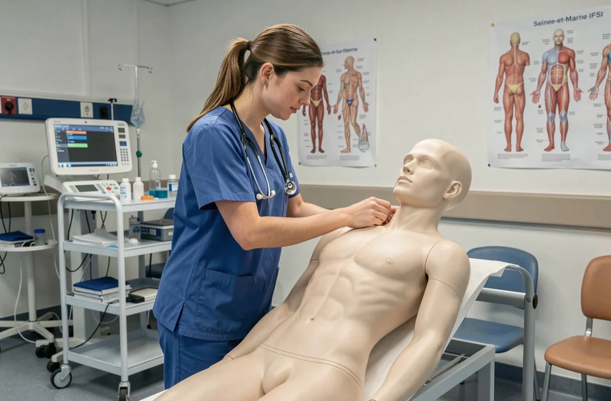 Étudiante infirmière en blouse bleue pratiquant des soins sur un mannequin dans une salle de simulation clinique d'un IFSI de Seine-et-Marne