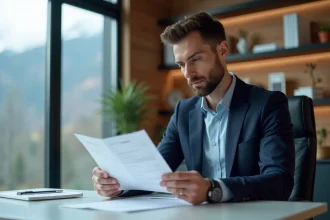 Ingénieur suisse en costume examine un CV imprimé