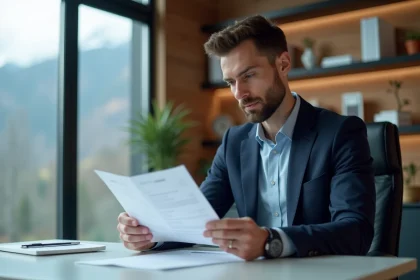 Ingénieur suisse en costume examine un CV imprimé