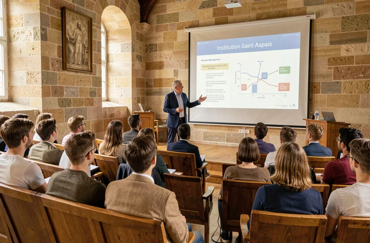 Professeur donnant un cours en amphi à l'Institution Saint Aspais de Melun dans un cadre alliant architecture historique et équipements modernes