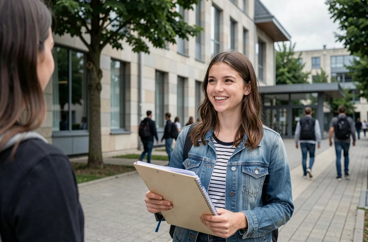Étudiante souriante devant les bâtiments de l'IUT d'Évreux de l'Université de Rouen Normandie avec classeur à la main