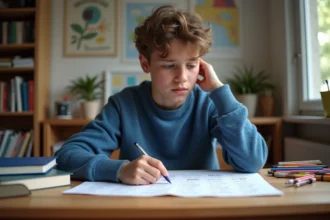 Adolescent français concentré sur une conjugaison