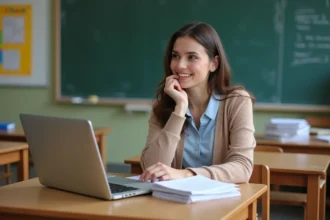Jeune enseignante primaire souriante dans sa classe