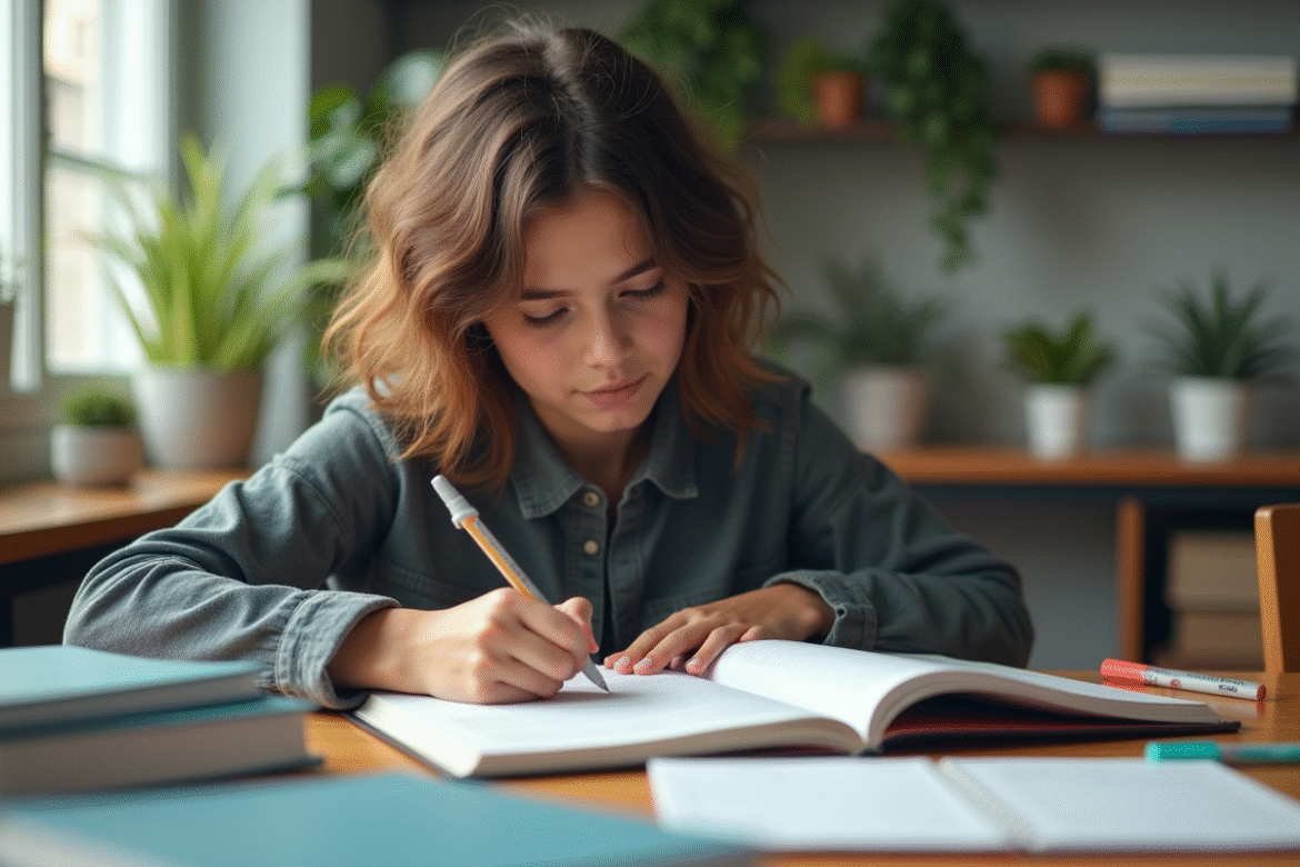 Jeune étudiant concentré à son bureau avec livres et surligneurs