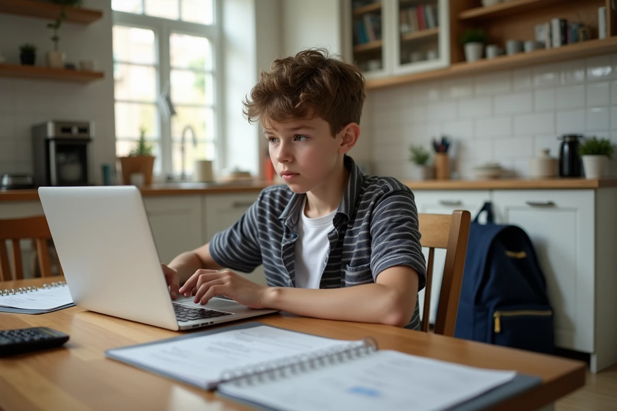Jeune garçon étudiant concentré à la maison