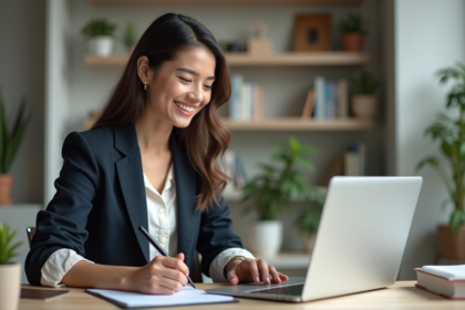 Jeune femme au bureau consulte un site de formation gouvernementale