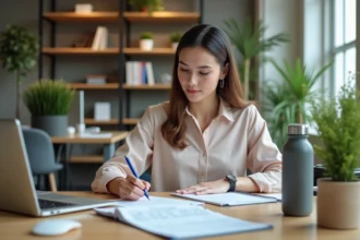 Jeune femme au bureau remplissant un formulaire dans un environnement professionnel