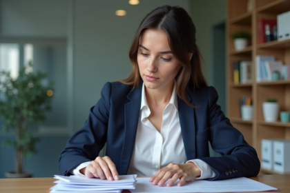 Jeune femme en costume examinant des lettres de recommandation