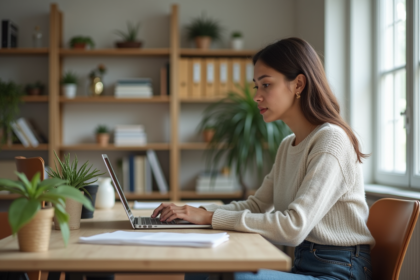 Jeune femme au bureau avec ordinateur portable dans un espace lumineux