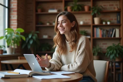 Jeune femme parlant espagnol dans un café chaleureux