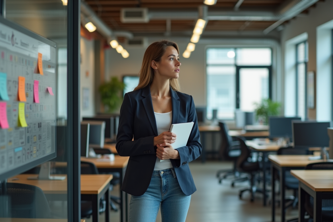 Jeune femme en blazer regardant des cartes de carrière