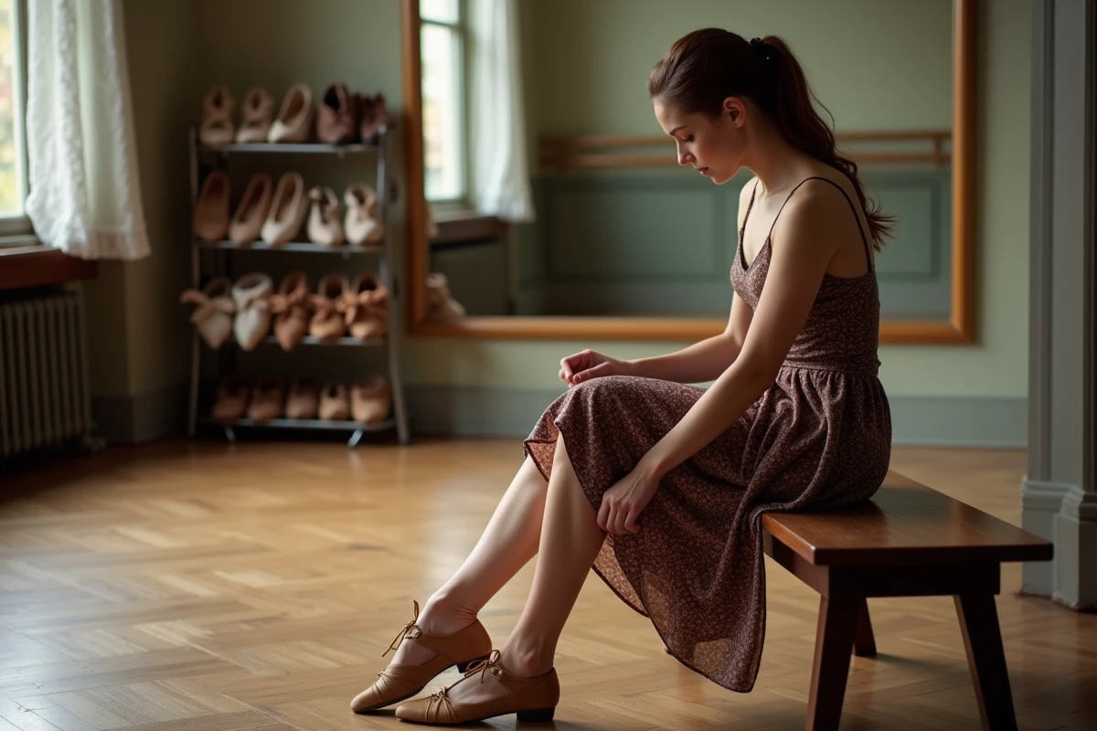 Jeune femme attachant ses chaussures de danse en studio