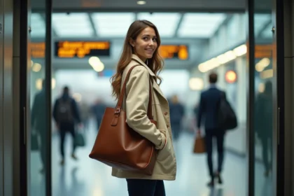 Jeune femme partant en voyage dans une gare moderne avec un sac en cuir, illustrant le verbe partir au présent