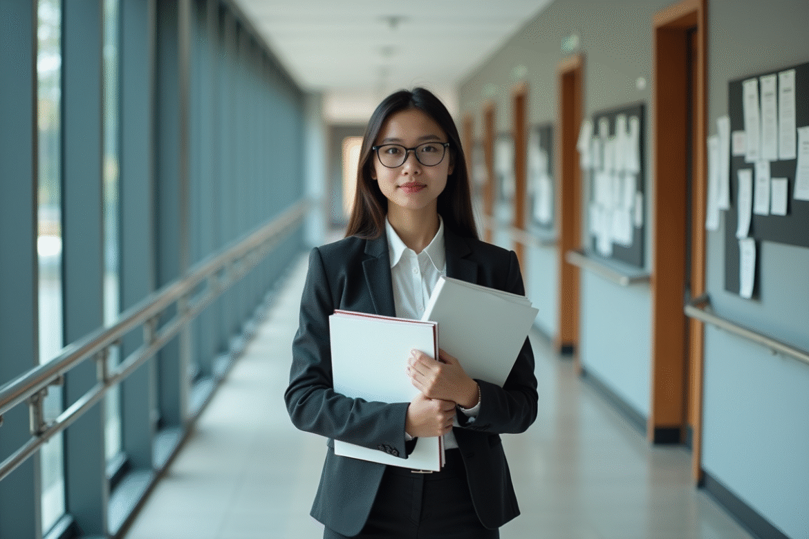 Jeune femme confiante avec diplômes dans un couloir universitaire