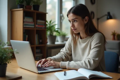 Jeune femme concentrée sur son ordinateur et ses notes de conduite