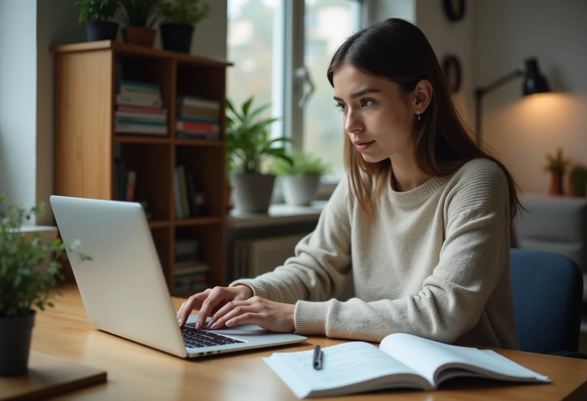 Jeune femme concentrée sur son ordinateur et ses notes de conduite