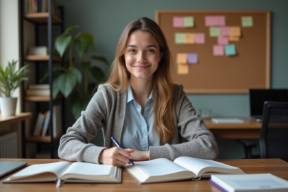Jeune femme étudie avec livres CFA et CFP en contexte studieux