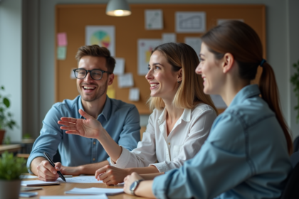 Jeune femme en réunion expliquant un storyboard à ses collègues
