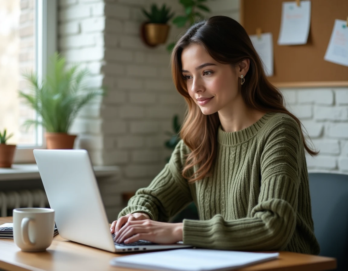 Jeune femme rédigeant une lettre de recommandation sur ordinateur portable depuis son bureau à domicile