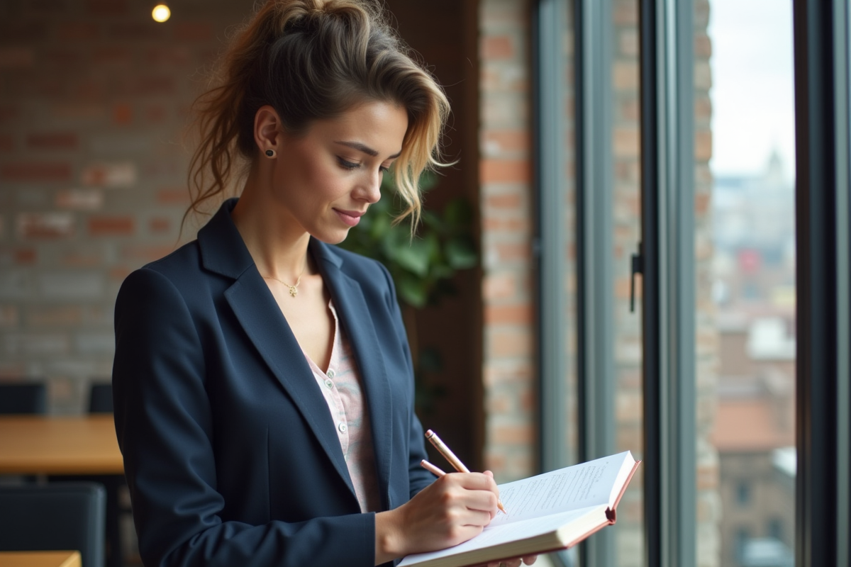 Jeune femme prenant des notes dans un espace de coworking urbain