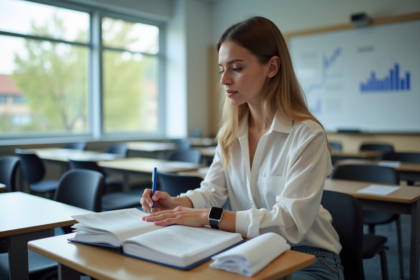 Jeune femme en classe universitaire prenant des notes