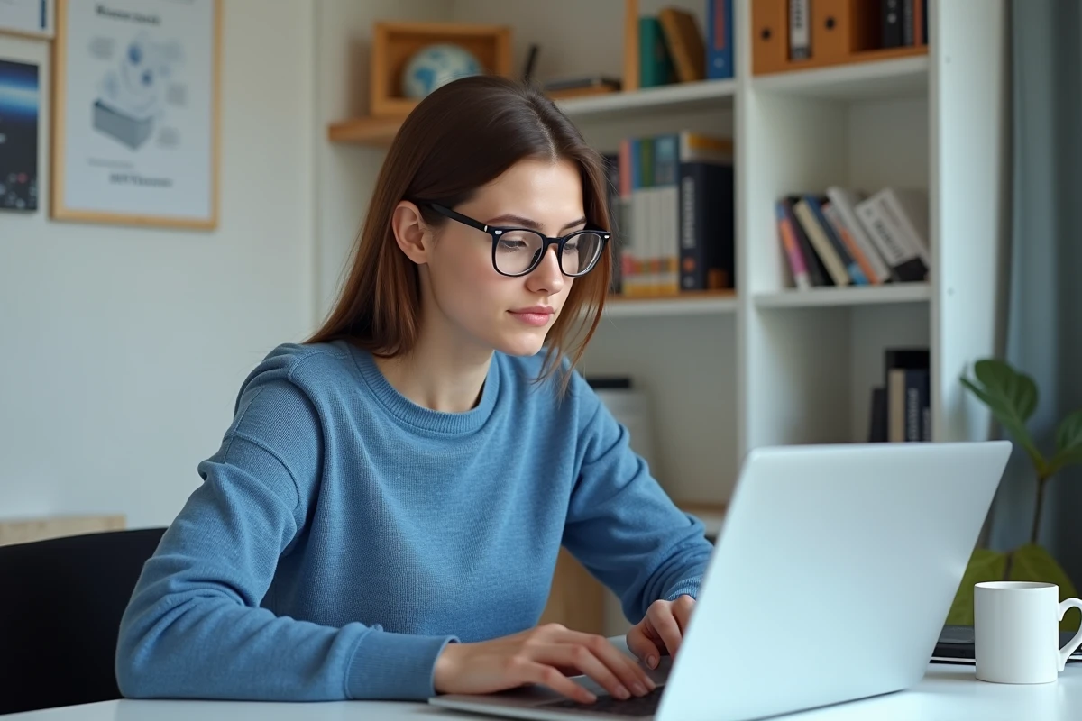 Jeune femme concentrée sur son ordinateur dans une chambre universitaire