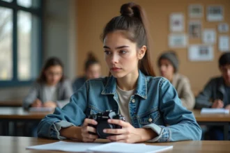 Jeune femme regardant son appareil photo en classe