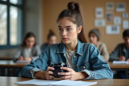 Jeune femme regardant son appareil photo en classe