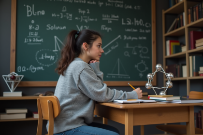 Jeune femme en sweater gris réfléchissant devant un tableau de physique