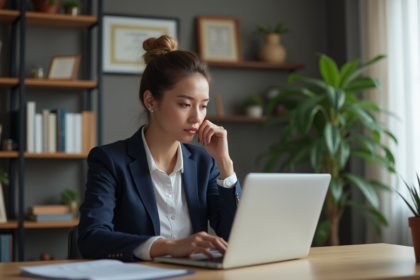 Jeune femme en costume met à jour son CV sur un ordinateur