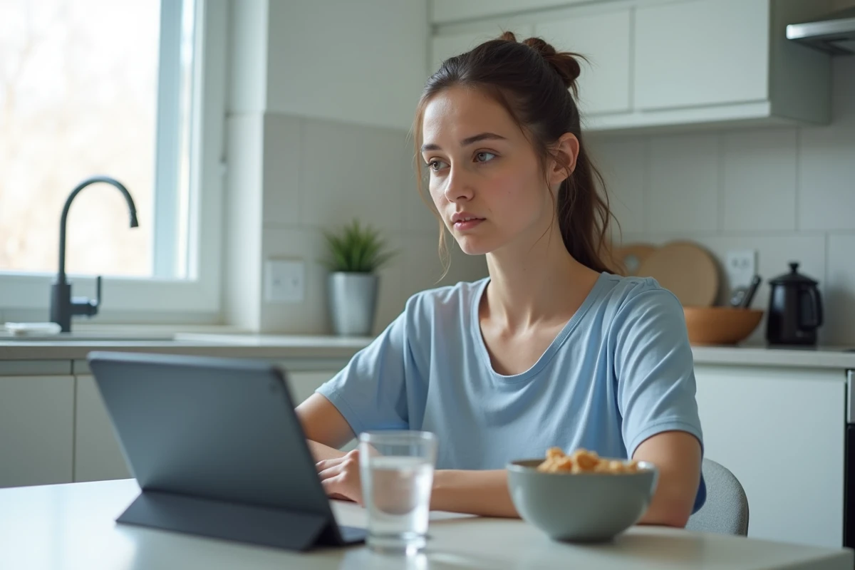 Jeune femme le matin devant une tablette affichant un simulateur de mémoire, illustrant une routine quotidienne d'apprentissage qui épuise la concentration