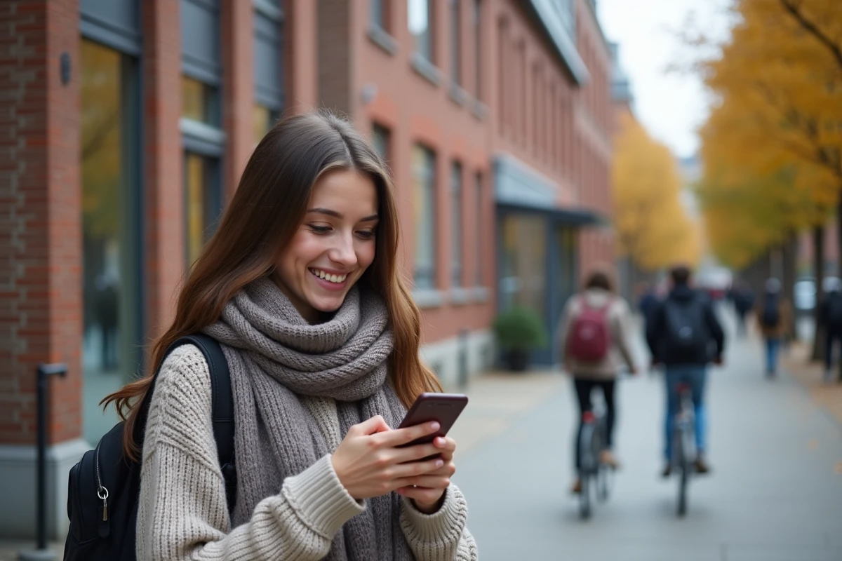 Jeune femme souriante vérifiant sa connexion à Bordeaux INP